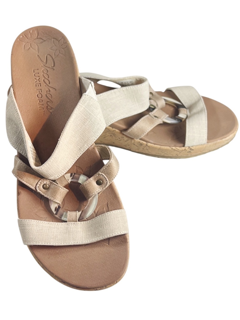 Skechers Womens Beverlee Sail Away Linen & Cork Ring Detail Wedge Sandals Summer